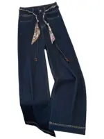 2025 Autumn New Denim Blue Wide Leg Women's Jeans Super Popular Pants with Silk Scarf Belt Fashion Straight Trousers - Image 6