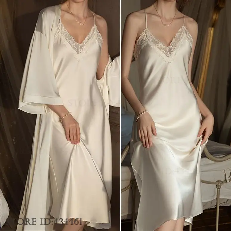 Plus Size Long 2PCS Robe Nightgown Set Pajama Elegant Kimono Bathrobe Gown Sleepwear Summer Sexy Women's Homewear Loungewear Plus Size Long 2PCS Robe Nightgown Set Pajama Elegant Kimono Bathrobe Gown Sleepwear Summer Sexy Women's Homewear Loungewear - Image 1