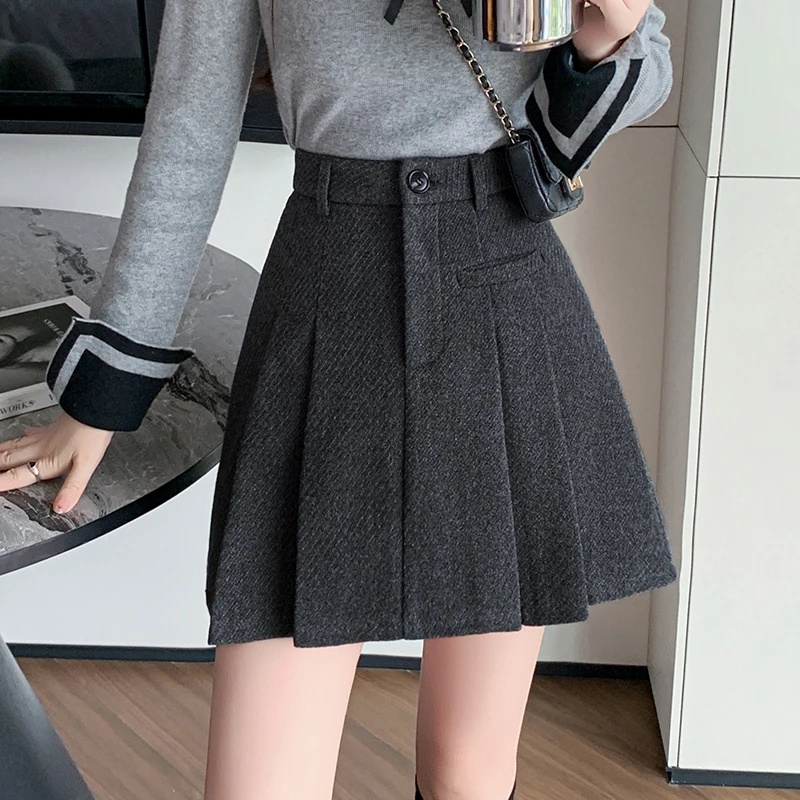 Seoulish High Waist Vintage Woolen Women's A-line Short Skirts 2025 New Vintage Autumn Winter Pleated Casual Skater Mini Skirts Seoulish High Waist Vintage Woolen Women's A-line Short Skirts 2025 New Vintage Autumn Winter Pleated Casual Skater Mini Skirts - Image 1