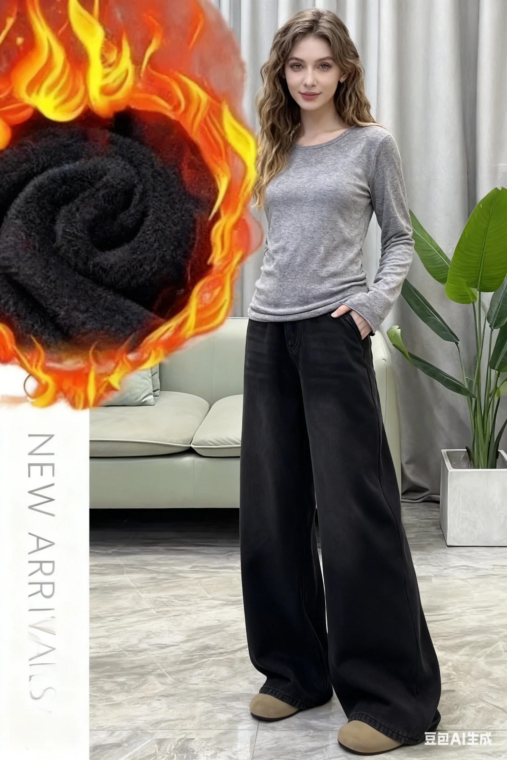 Womens Jeans Y2k Jeans Flared Trousers Black Gray Straight Leg Winter Warm Fleece Lined Loose Fit High Waist Wide Leg Fashion Womens Jeans Y2k Jeans Flared Trousers Black Gray Straight Leg Winter Warm Fleece Lined Loose Fit High Waist Wide Leg Fashion - Image 1