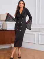 Women's Royal Blazer Dress Long Sleeve Lace Bell Cuffs Double Breasted Belted Bodycon Midi Dress for Party Office - Image 2
