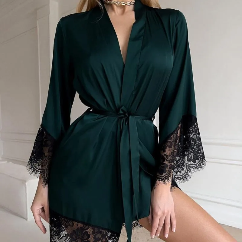Women's Sexy Night Gown Robe V-Neck Satin Lace Bathrobe Half Sleeve Nightdress Female French Sexy Silky Satin Sleepwear Women's Sexy Night Gown Robe V-Neck Satin Lace Bathrobe Half Sleeve Nightdress Female French Sexy Silky Satin Sleepwear - Image 1