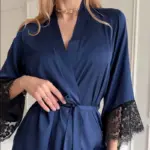 Women's Sexy Night Gown Robe V-Neck Satin Lace Bathrobe Half Sleeve Nightdress Female French Sexy Silky Satin Sleepwear - Image 5